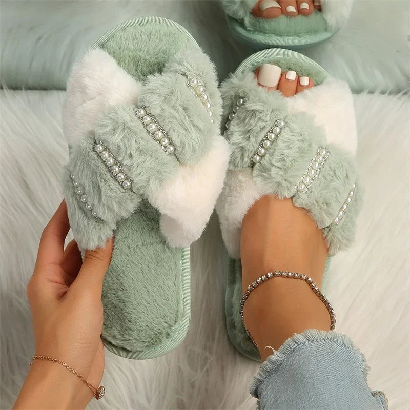 Cross Indoor Floor Slides Flat Soft Furry Ladies Female Celebrities Flip Flops