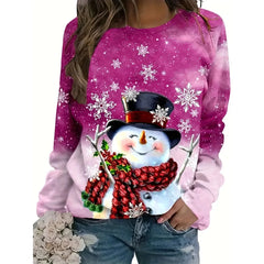 Christmas Women's Long Sleeve Tops Fashionable 3d Snowman Printed Loose Pullovers