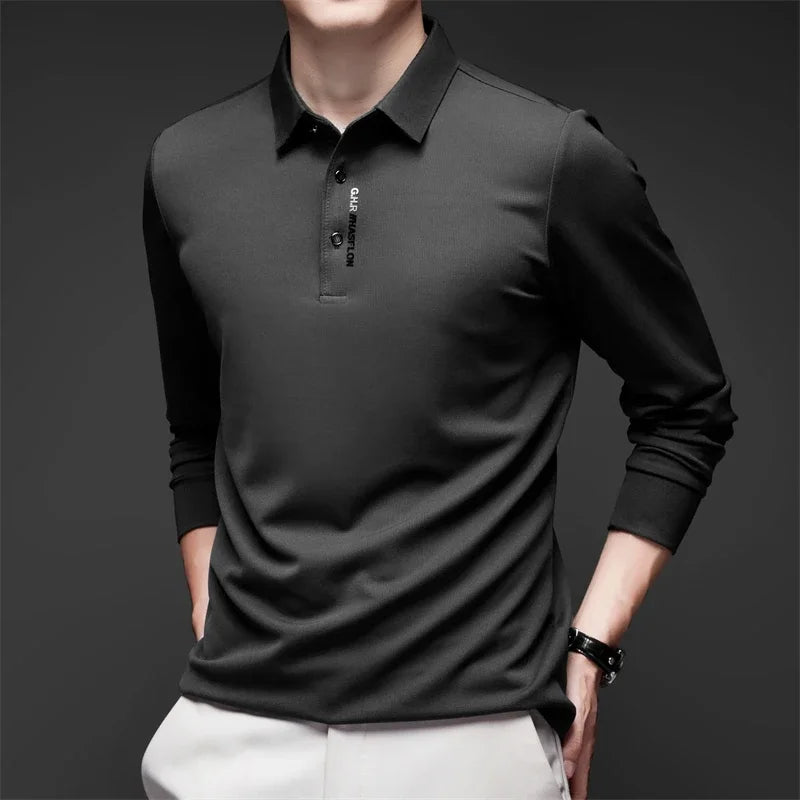 New Men's Business Casual Long Sleeved Shirt with Badge Solid Color Polo Shirt Fashionable Breathable Comfortable Versatile Top