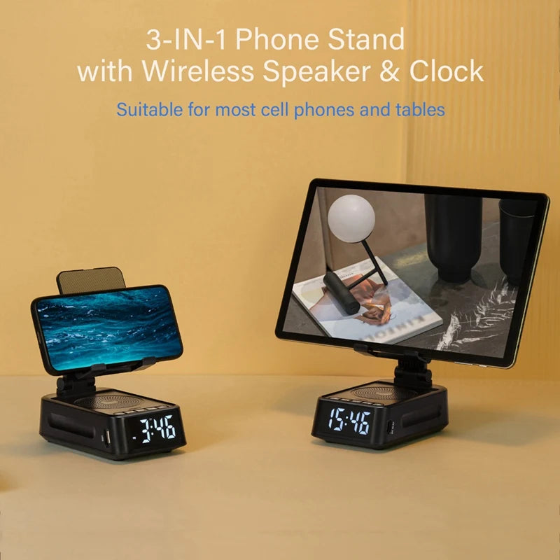 Cell Phone Stand With Bluetooth Speaker And Clock, Foldable Desktop Holder Stand For Cell Phone Tablets