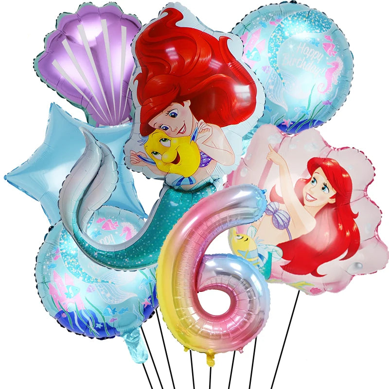 Little Mermaid Foil Balloons Set Digit 1-9 Years Old Baby Shower Mermaid Princess Themed Girls Borthday Party Decorations