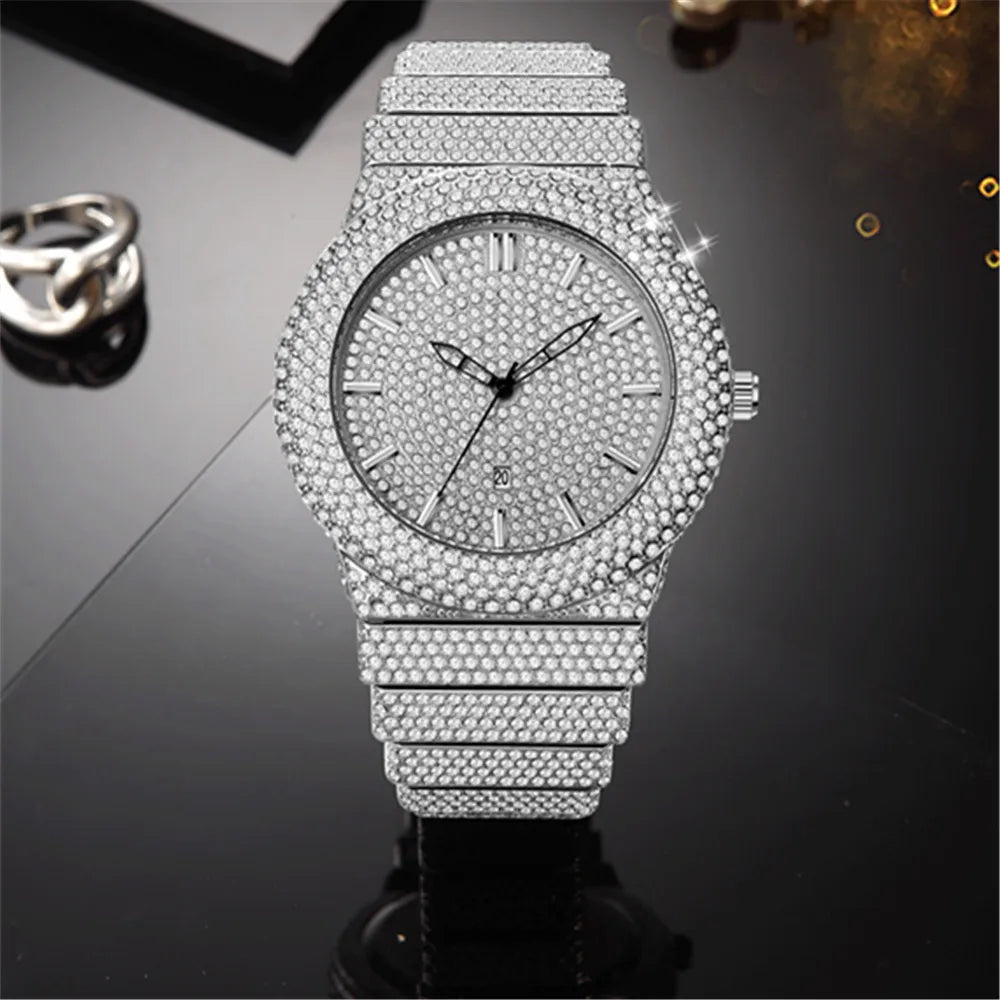 Big Brand Watches For Male Fashion Alloy Band Hip Hop Diamond Golden Date Quartz