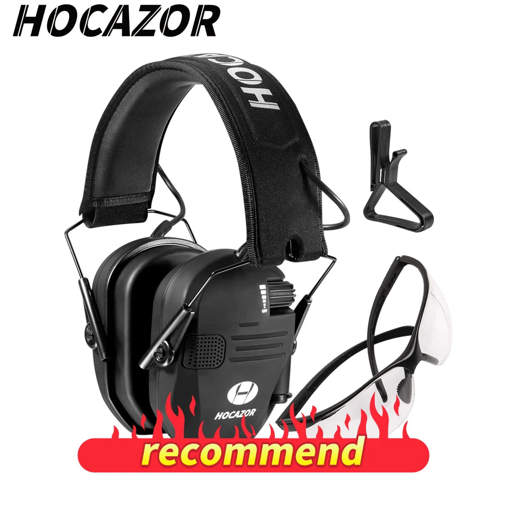 HOCAZOR Electronic Protection Anti-noise Earmuffs Shooting Headset Hunting Headphones Sound Amplification Safety Glasses Set