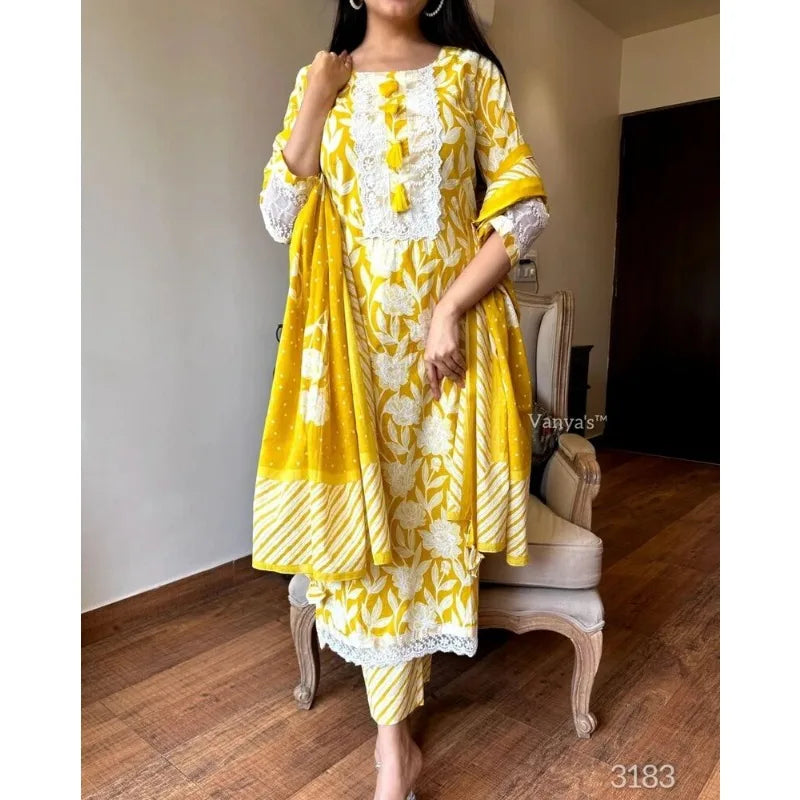 Fully Stitched Salwar Kameez Yellow Color Printed Kurta Palazzo with Dupatta Set