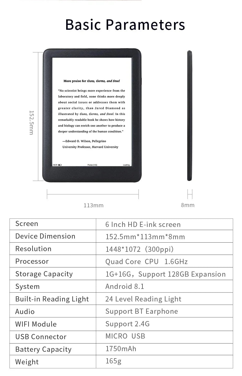 2023 NEW Boyue likebook P6 6" Ebook reader Ereader with Dual color frontlight 1G/16GB 8-core android 8.1 eink reader book