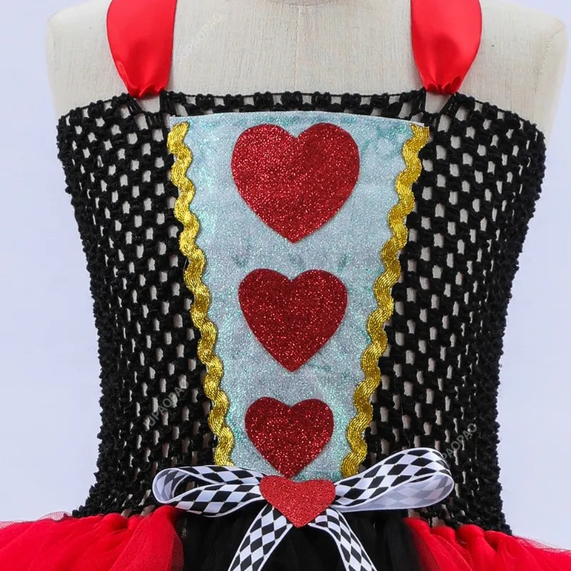 Girls Queen of Hearts Costume Kids Halloween Dress up Fancy Tutu Dress with Crown Classic Wonderland Red Queen Gown Clothes