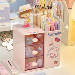 Cute Pen Holder Storage Organizer Boxes with Drawer Cosmetic Rack Kawaii Desk Accessories Girls Office School