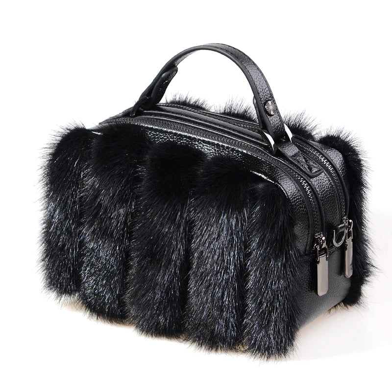 Fur Bag Women Shoulder Bag Double Zipper Square Leisure Real Fur Bag Ladies Bags