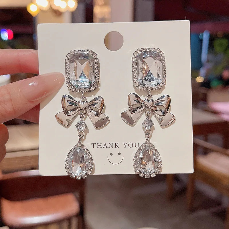 Elegant Delicate Shiny Square Heart Bowknot Crystal Zircon Earrings