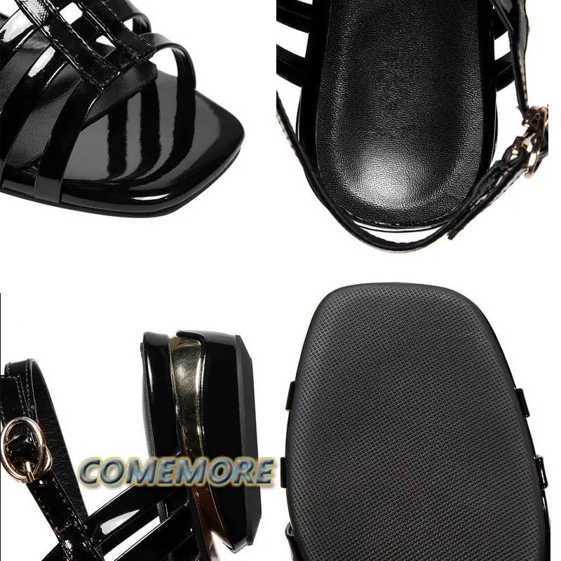 Patent Leather Black  Women's Sandals Comfort Open-Toes Buckle Strap Roman Shoes