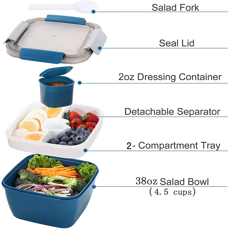 Portable Salad Lunch Container Salad Bowl 2 Compartments with Large Bento Boxes Salad Bowls Lunch Box Lunch Container For Food