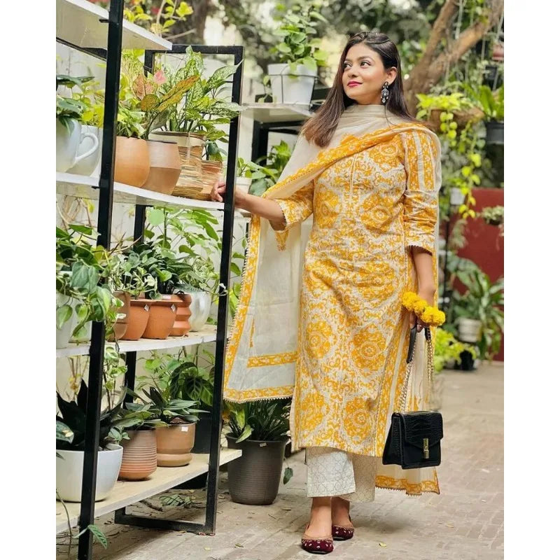 Yellow Color Printed Kurta Palazzo with Dupatta Set Women Salwar Kameez Suit Set