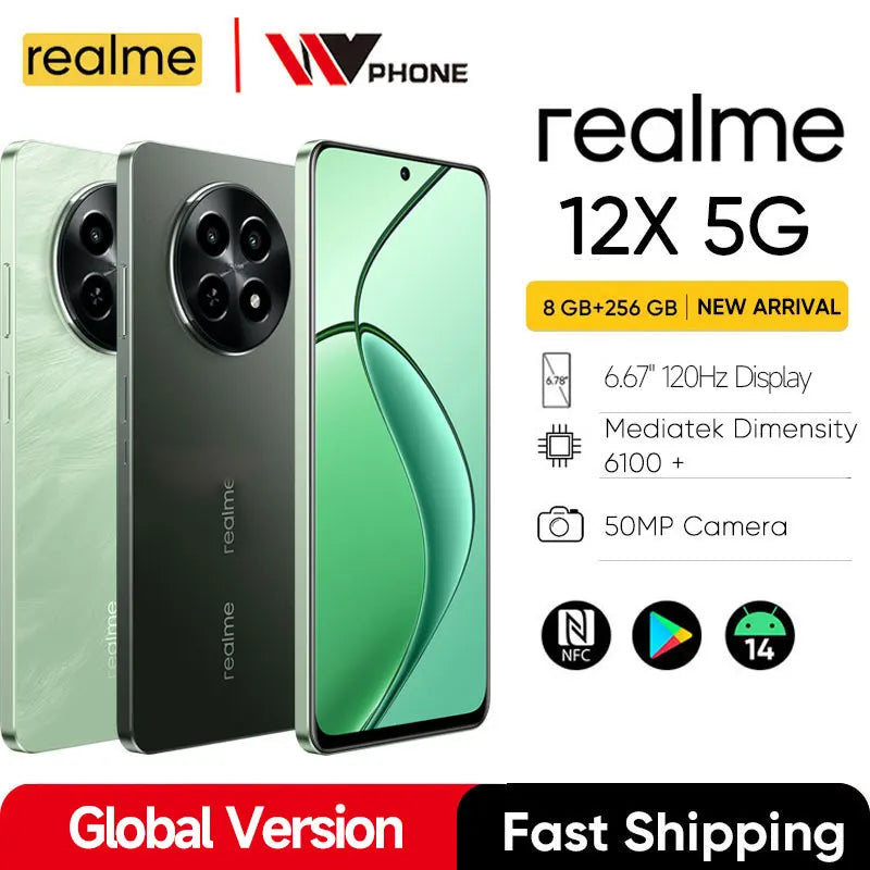 Global Version realme 12X 5G Smartphone MediaTek Dimensity 6100+ 5G 6.67"120Hz Display 50MP AI Camera Moblie Phone