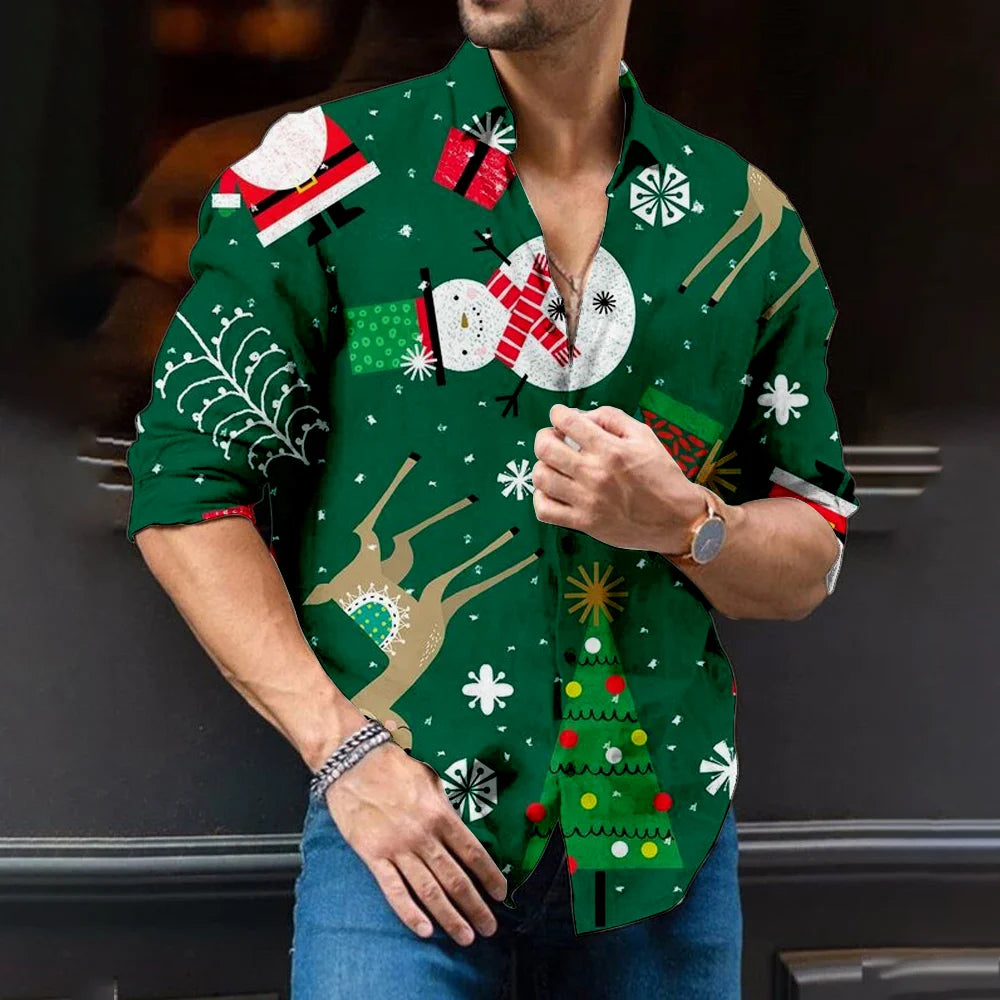 classic shirt 3D printing long sleeve high-end men's shirt fashion daily stitching party Christmas style snowman