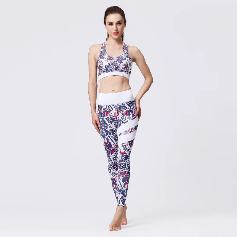 Cloud Hide Flower Printing Yoga Set Gym Outfits Sportswear Women Fitness Tracksuit Bra Top High Waist Leggings Pants Sports Suit