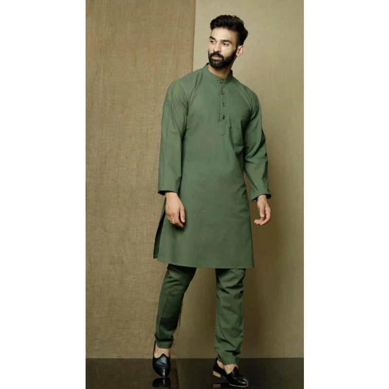 Green Shirt, Traditional Indian Top Shirt Solid Color Men's Clothing European and American Fashion Trends