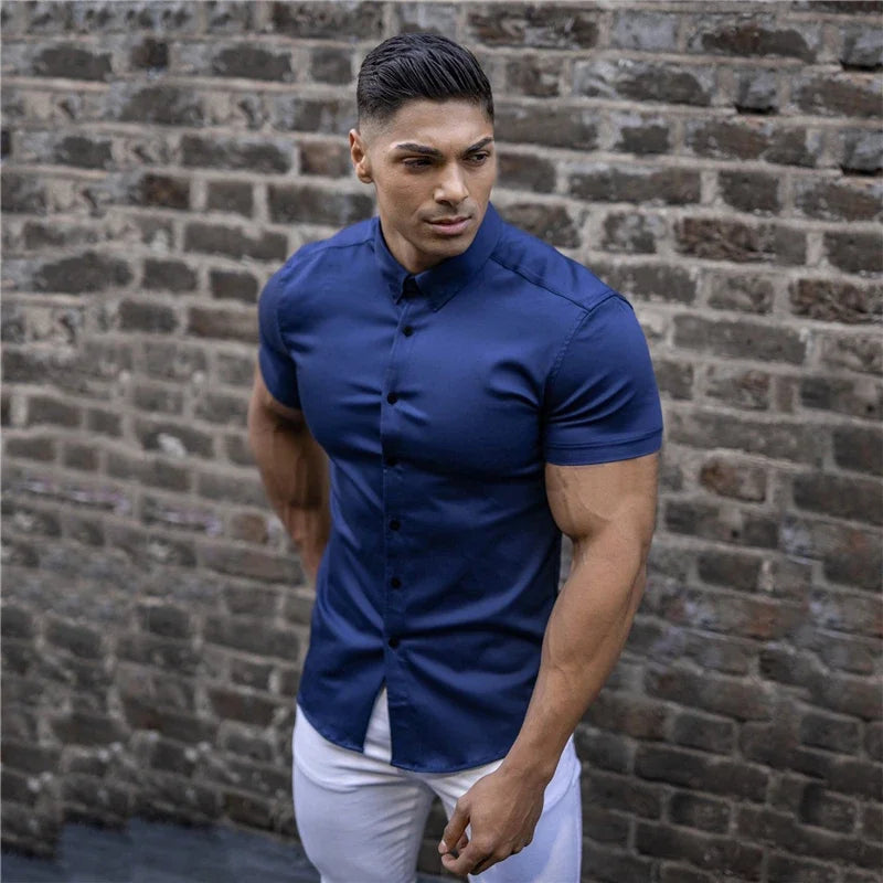 Summer Fashion Short Sleeve Shirt Men Super Slim Fit Male Casual Social Business Dress Shirt Brand Men Fitness Sports Clothing