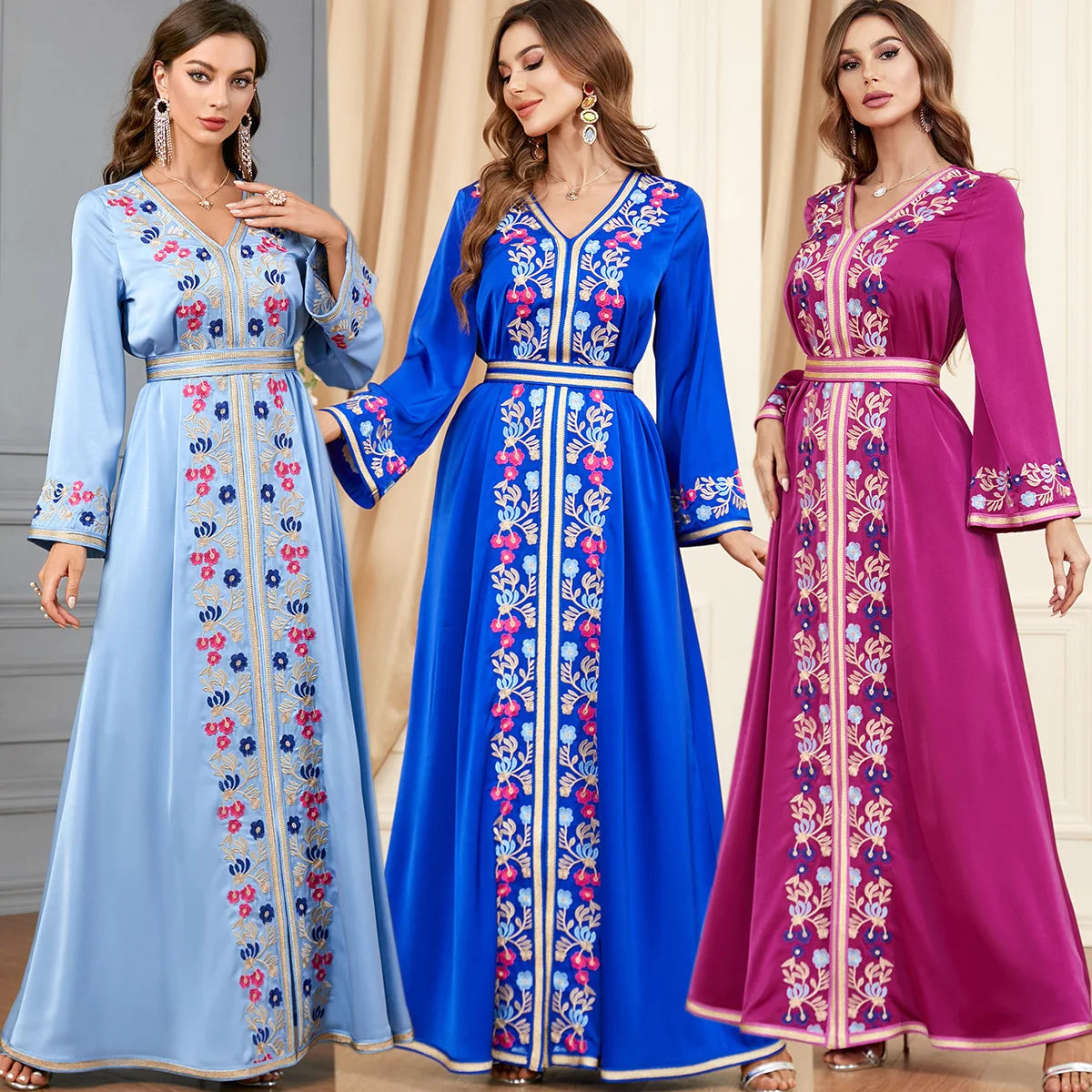 Maxi Dress Kaftan Floral Embroidered Women Fashion Jellaba Muslim Clothing Dubai Long Sleeve Abaya Ladies Evening Dresses 2024