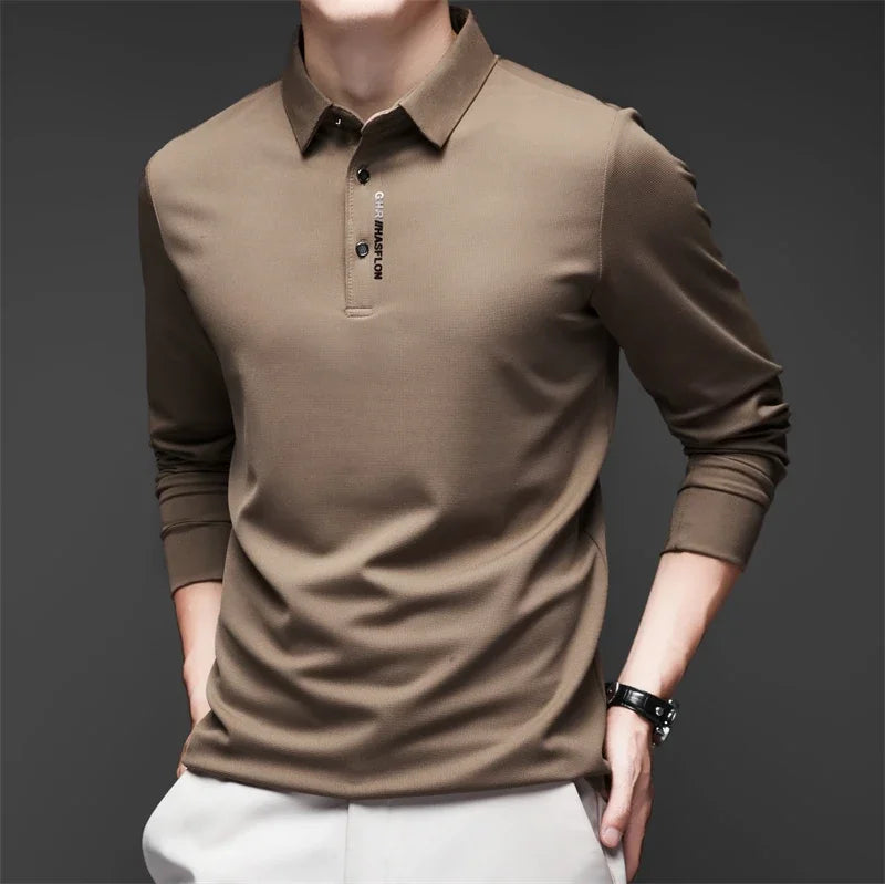 New Men's Business Casual Long Sleeved Shirt with Badge Solid Color Polo Shirt Fashionable Breathable Comfortable Versatile Top