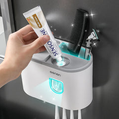 WIKHOSTAR Automatic Toothpaste Dispenser Multifunctional Storage Rack Wall Mounted Toothbrush Holder