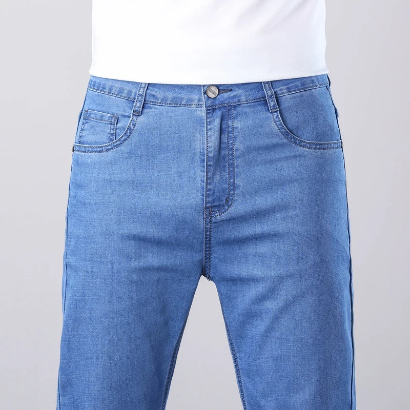 Summer Ultra-Thin Men's Jeans Classic All-Match Slim Straight Leg Elastic Denim Trousers