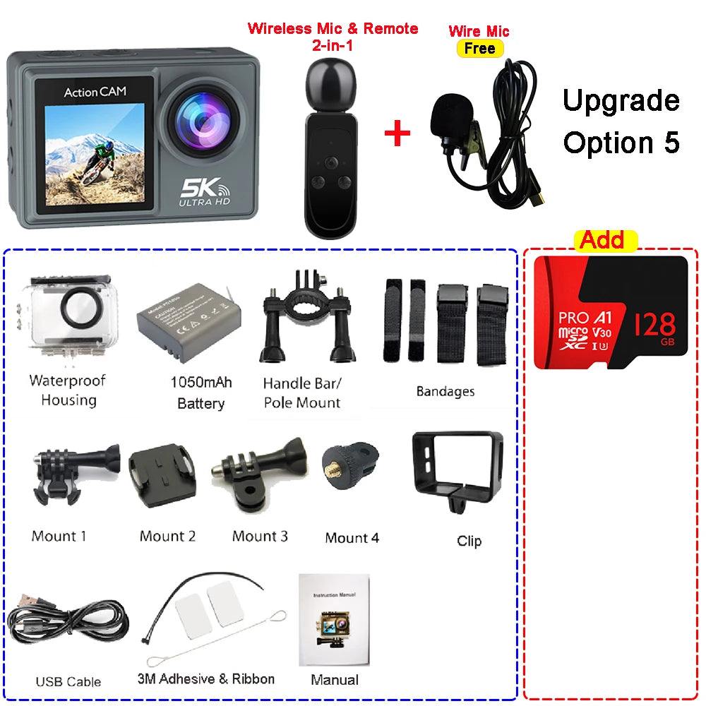 5K 4K60FPS Action Camera Dual IPS Touch LCD EIS 170° DVR 30M Waterproof 5X Zoom Sport Camera