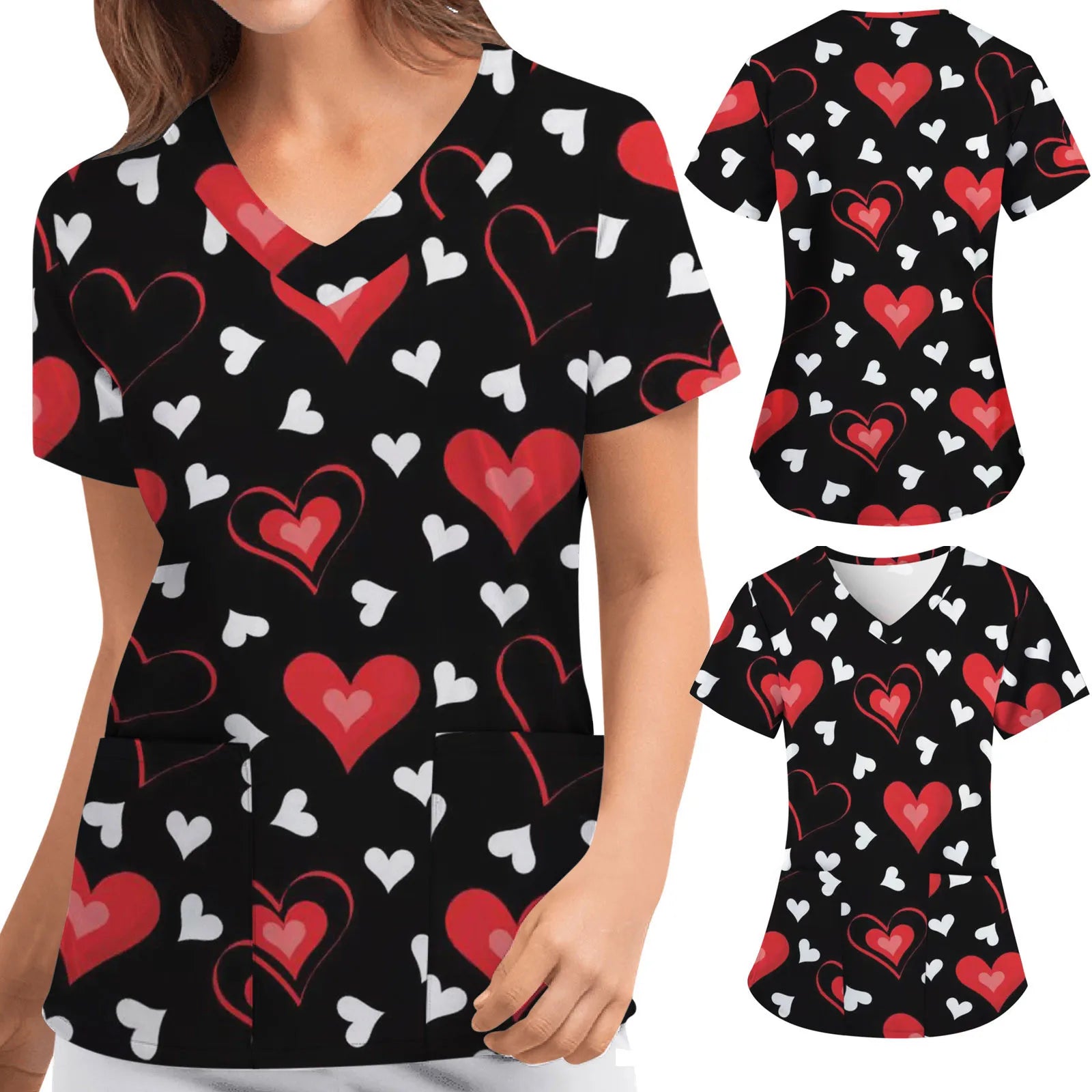 Short-sleeved Top For Nurses V-neck Women Valentine's Day Love Print Uniform Casual Women's Blouse