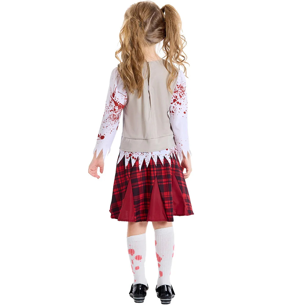 Girls Bloody Zombie Student Cosplay Kids Children Halloween Walking Dead Scary Costumes