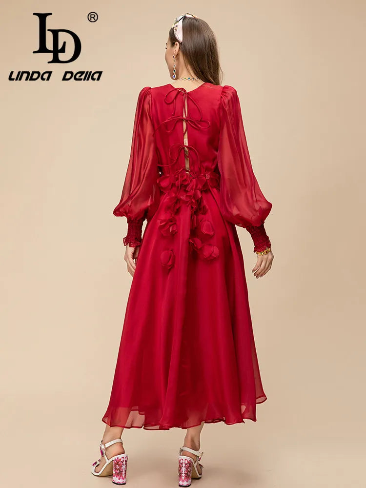 Summer Runway Elegant Party Dress Women's Red V-Neck High Waist Applique Chiffon Slim Fit Long Dress