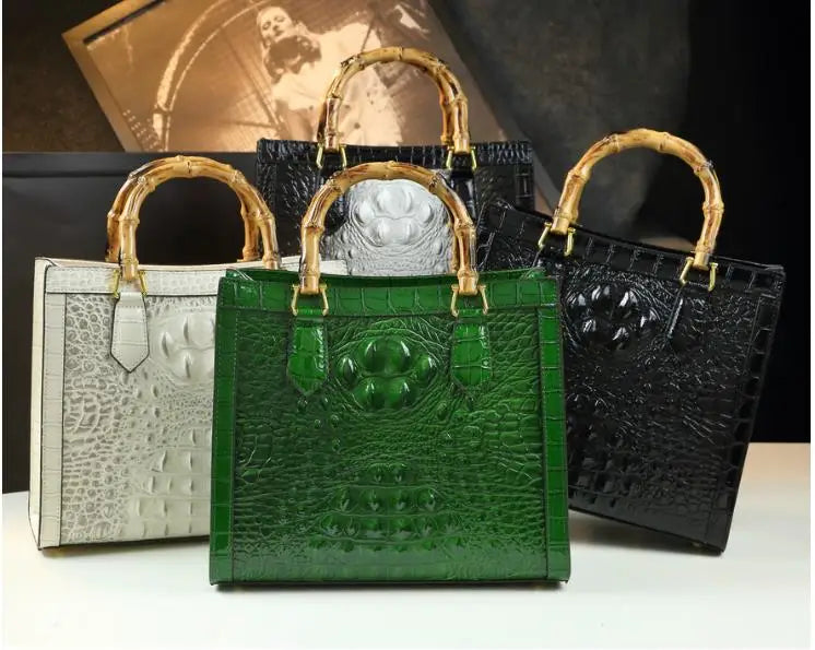 Brand Genuine Leather Bamboo Women's Bag Crocodile Pattern Ladies Handbag