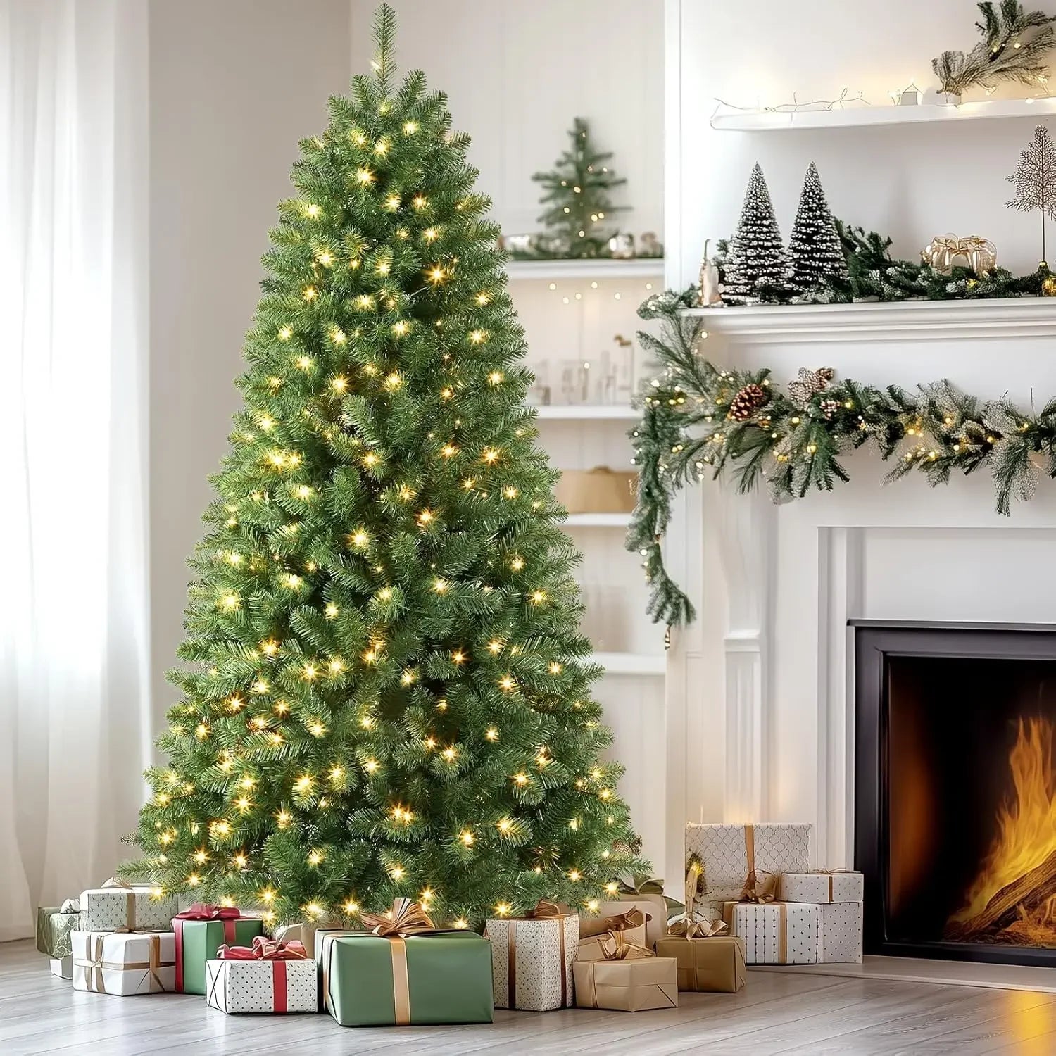 7.5ft Prelit Premium Artificial Hinged Christmas Tree with Pre-lit 350 Warm White Lights, 998 Branch Tips and Foldable