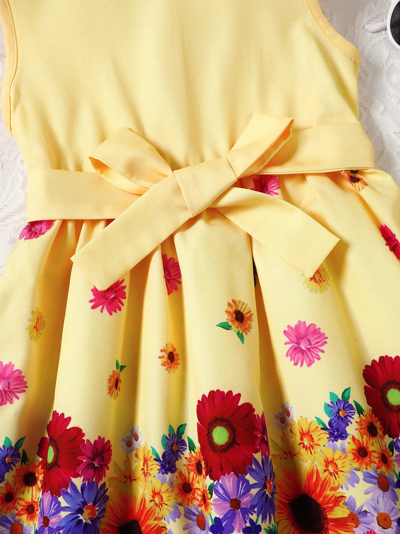 Ladylike Crew-Neck Flower Print Sleeveless Dress for Girl