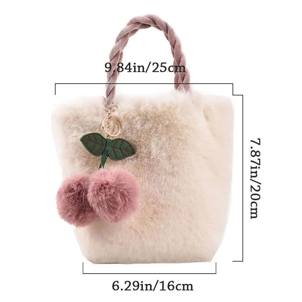 Women Female Cute Cherry Bags Soft Plush Handbags Furry Fluffy Totes Fashion Shopping Bags