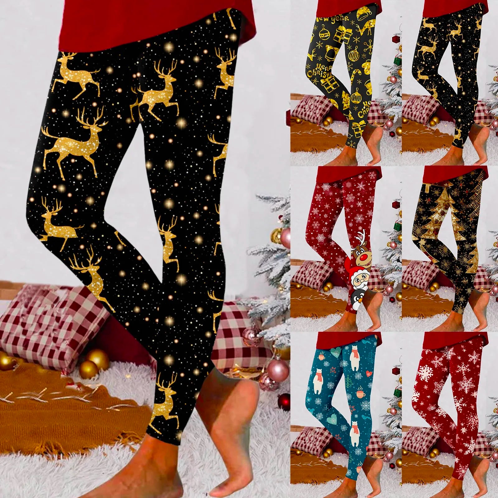 Women Christmas Print Leggings High Waist Long Trouse Fashion Xmas Trousers