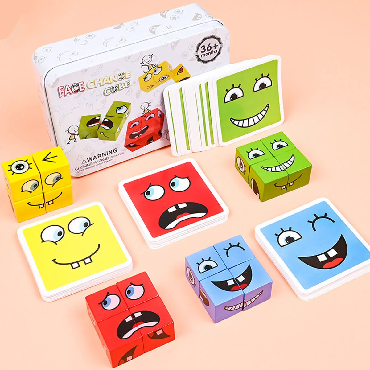 Cube Face Changing Building Blocks Board Game Wood Puzzle Montessori Expression Wooden Blocks