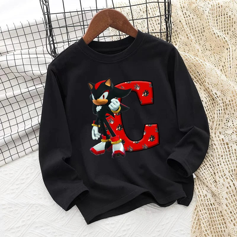 Sonics Kids Long Sleeves T-shirts Anime Print Letter Tee Spring Fall Thin Tops Cotton Children Crewneck Clothes Bottoming Shirt