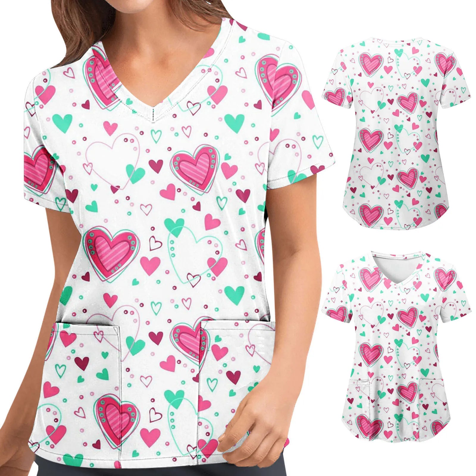 Short-sleeved Top For Nurses V-neck Women Valentine's Day Love Print Uniform Casual Women's Blouse