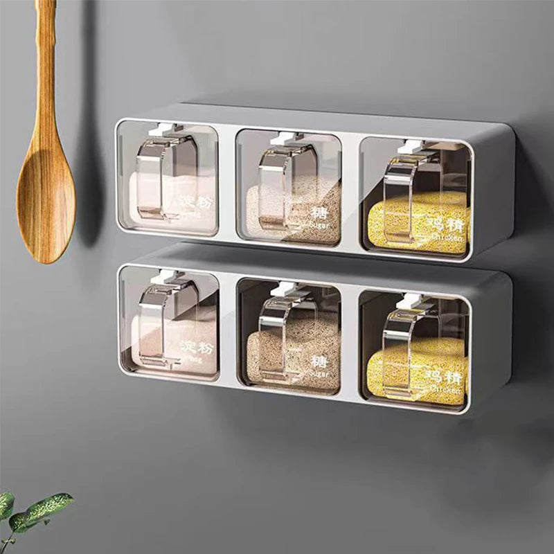 Wall Mount Seasoning Organizer Box Set Salt Shaker Spice Rack Compartment Storage Box