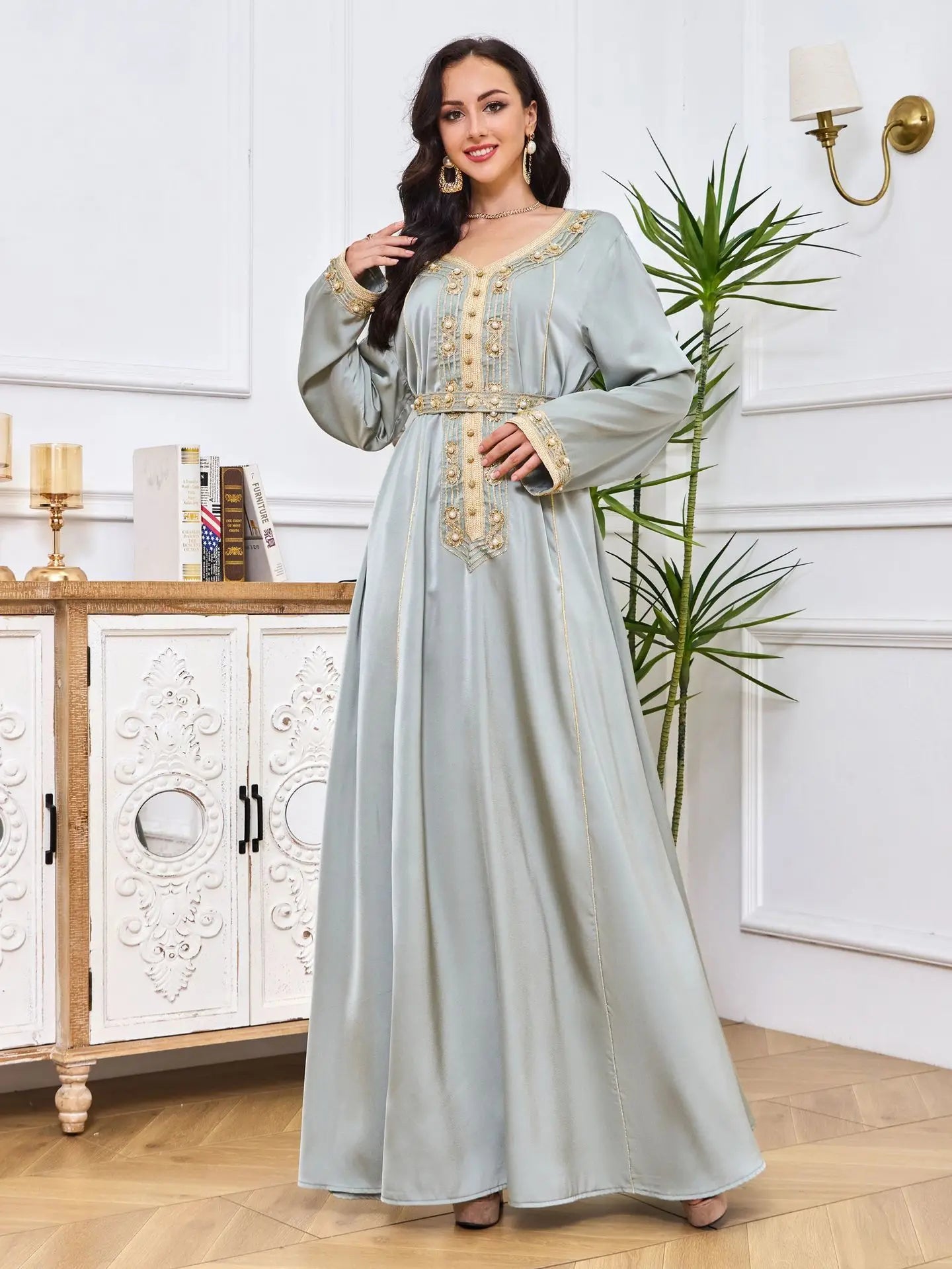 Maxi Dress Kaftan Floral Embroidered Women Fashion Jellaba Muslim Clothing Dubai Long Sleeve Abaya Ladies Evening Dresses 2024