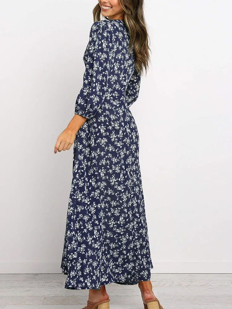 Women Chiffon Long Dress Floral Print Lantern Sleeve A-line Maxi Vestidos Autumn Dresses