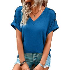 Simple Solid V-Neck Tee Women Shoulder Button Short Sleeved Tops Female Summer Casual Pullover T-Shirt