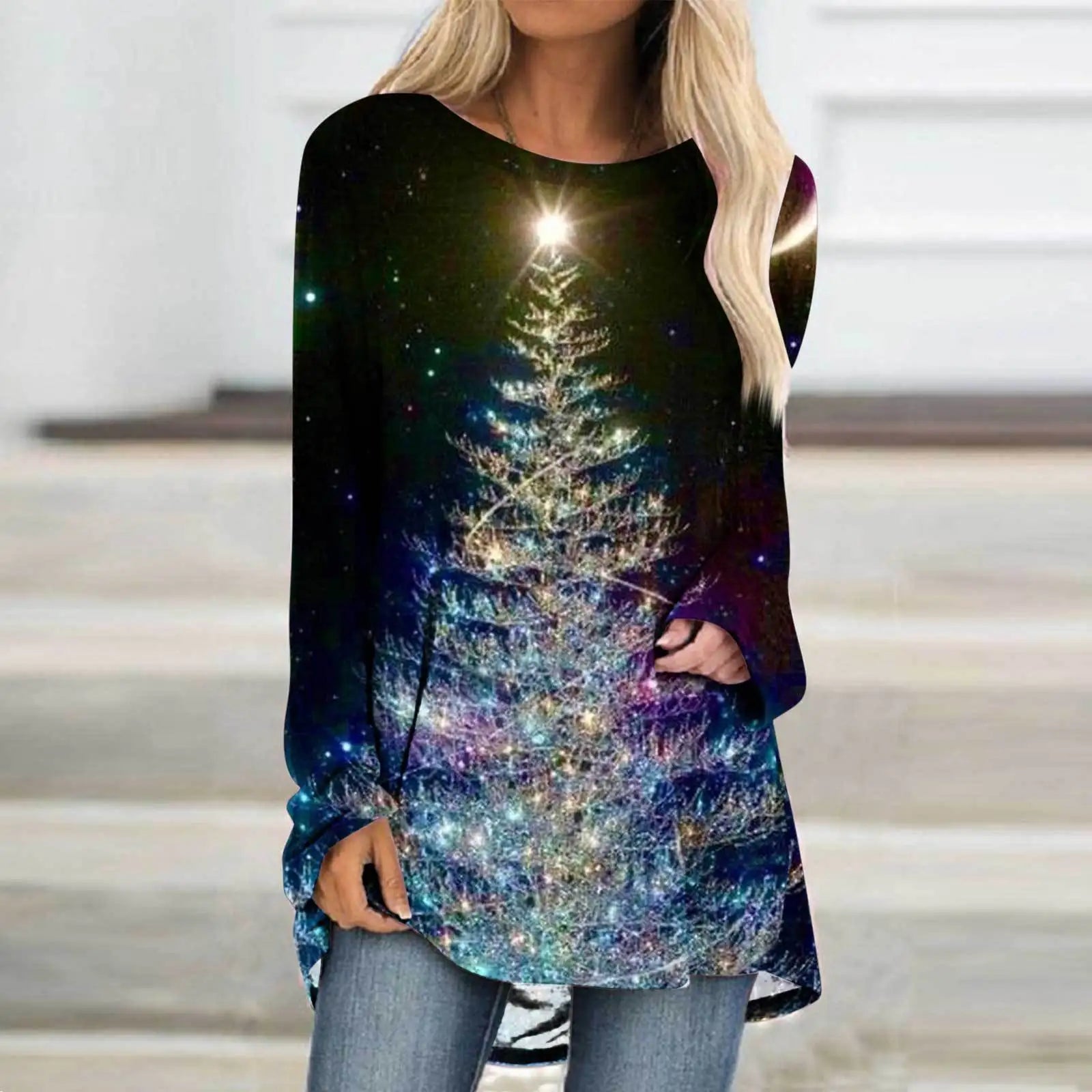 Christmas Tree 3d Print Long Sleeve T-shirt Women Fashion Crewneck Long Tunic Tops