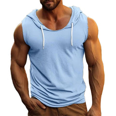 Male Solid Color Hooded Tank Top Casual Sleeveless Loose Fitness Sports Vest Top