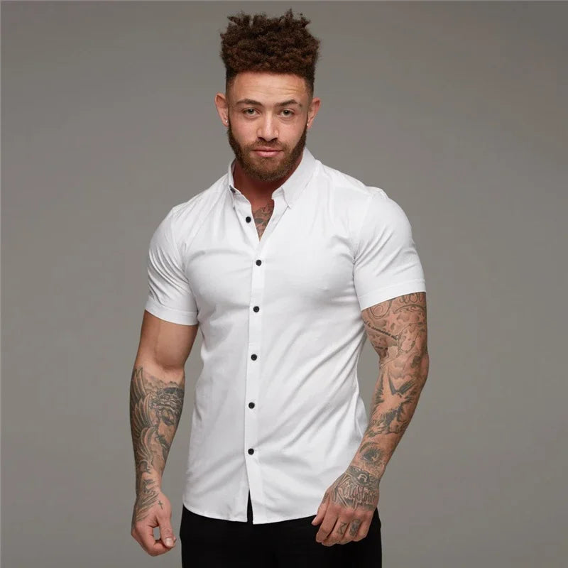 Men's Fashion Dress Shirt Summer Classic Slim Fit Button Short Sleeve Shirts