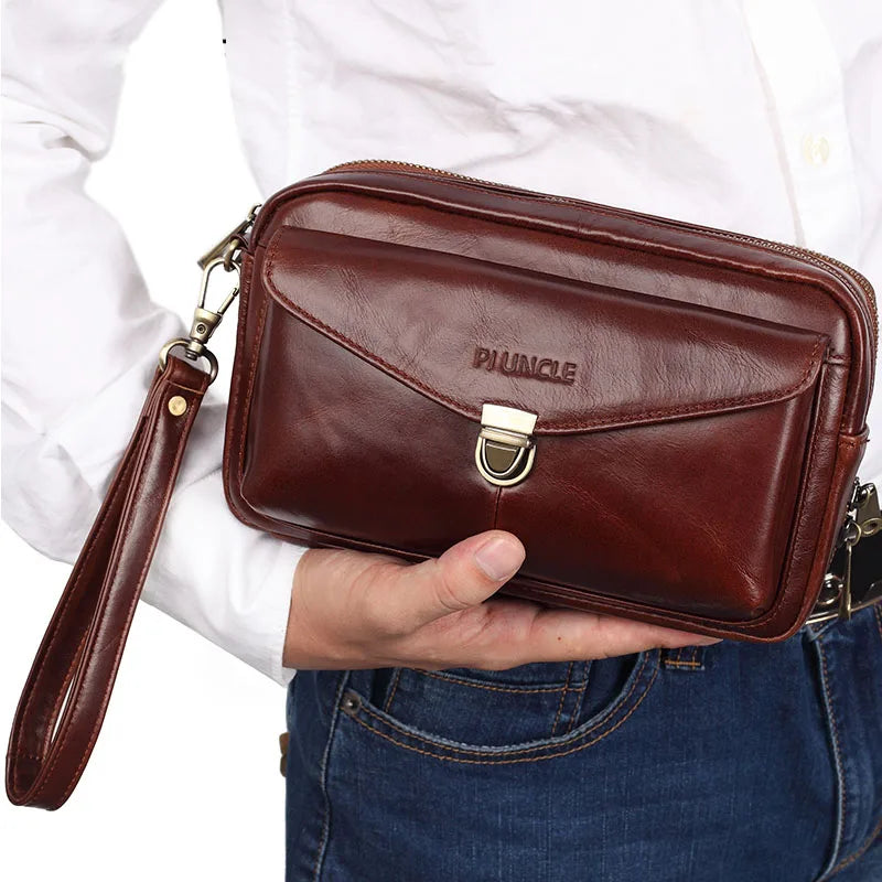 Men's Leather Clutch Purse Wallet Men Cowhide Wristlet Holder Wrist Bag Pack