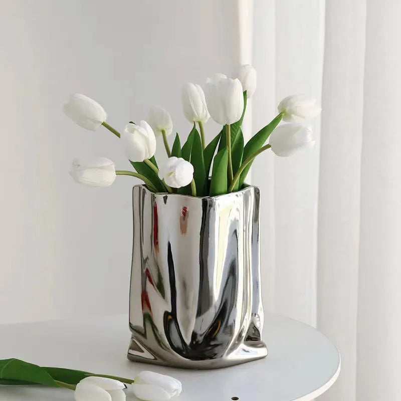 Silver Ruffled Flower Vase Ceramic Vase Porcelain Flower Arrangement Decoration Bag