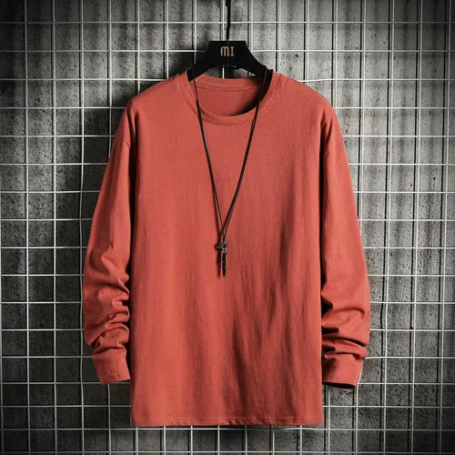 Harajuku Long Sleeve T Shirt Men Solid Color Cotton Soft O-Neck Basic Tops Tees