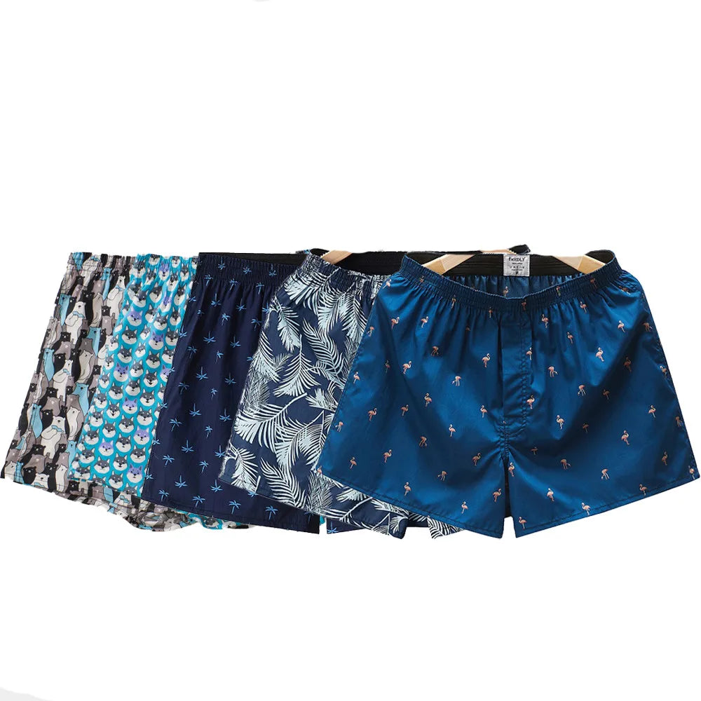 5pcs/Lot Boxer Men Underpants Printed Underwear Man Cotton Loose Woven Men's Family Panties