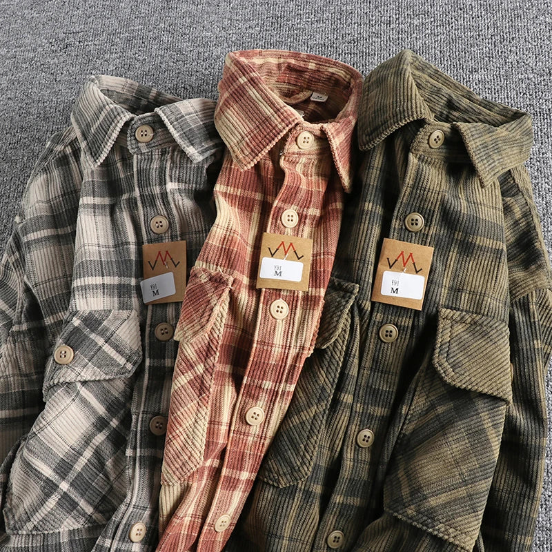 Plaid Woven Corduroy Men Shirts 100% Cotton Spring Autumn Heavy Washed Workwear shirt