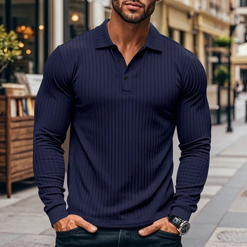 New Men's Polo Shirt Long Sleeve Button-down Solid Color Popular Pullover Knitwear Streetwear